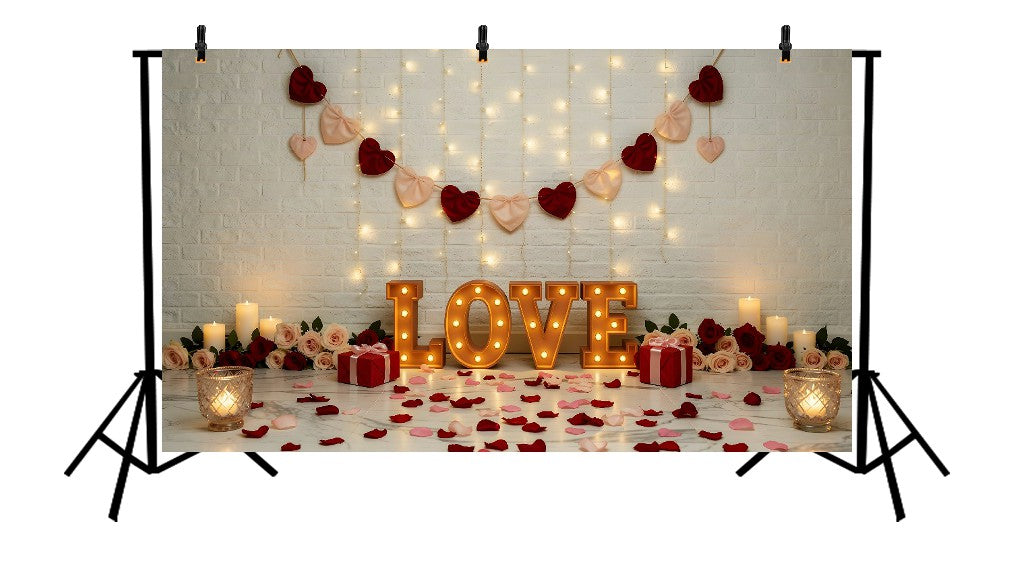 ROMANTIC VALENTINE WHITE BRICK WALL WITH MARQUEE LOVE LETTERS, HEART GARLANDS, AND ROSE PETALS - PRINTED BACKDROP