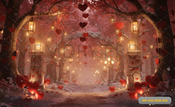 ENCHANTED VALENTINE FOREST PATH WITH GLOWING LANTERNS AND SUSPENDED RED HEARTS - PRINTED BACKDROP