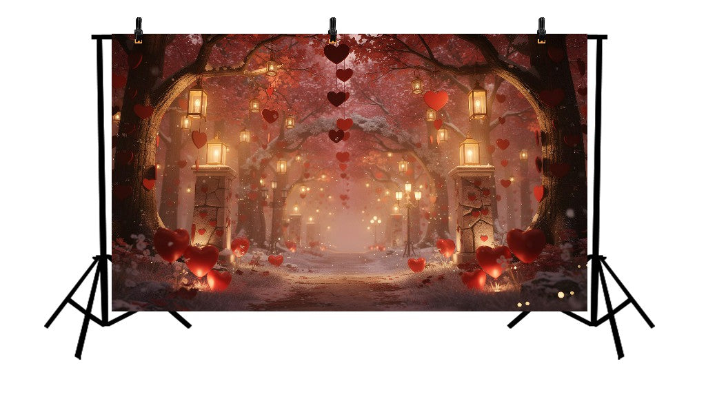 ENCHANTED VALENTINE FOREST PATH WITH GLOWING LANTERNS AND SUSPENDED RED HEARTS - PRINTED BACKDROP