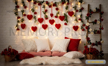 ROMANTIC VALENTINE WHITE BRICK WALL WITH HANGING RED HEARTS, ROSE GARLANDS, AND COZY PILLOW NOOK - PRINTED BACKDRO