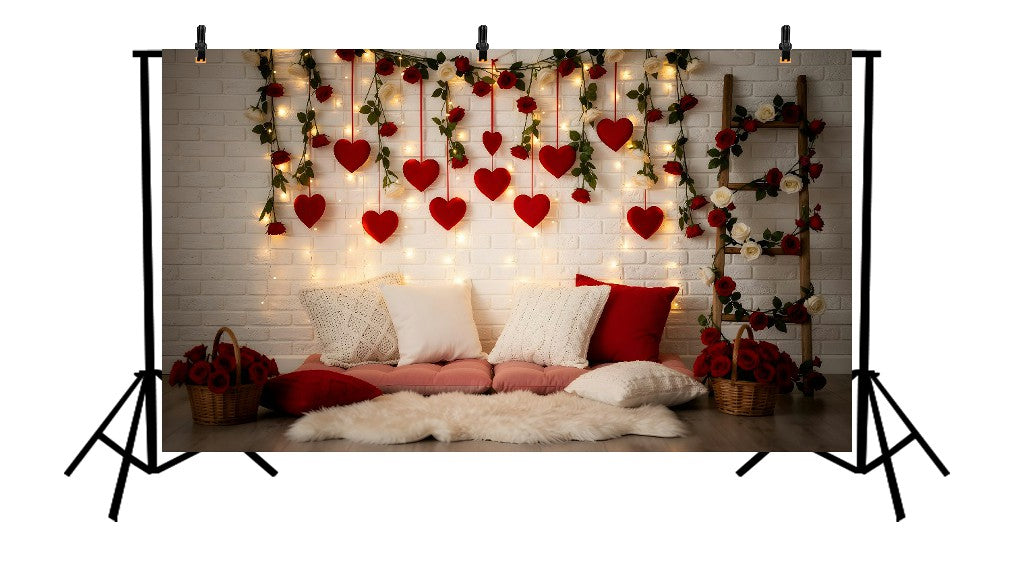 ROMANTIC VALENTINE WHITE BRICK WALL WITH HANGING RED HEARTS, ROSE GARLANDS, AND COZY PILLOW NOOK - PRINTED BACKDRO