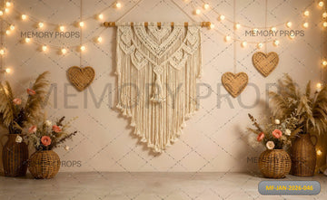 BOHO CHIC MACRAME WALL HANGING WITH HEART FAIRY LIGHTS AND PAMPAS GRASS VASES - PRINTED BACKDROP