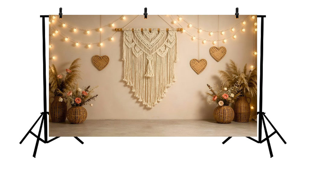 BOHO CHIC MACRAME WALL HANGING WITH HEART FAIRY LIGHTS AND PAMPAS GRASS VASES - PRINTED BACKDROP