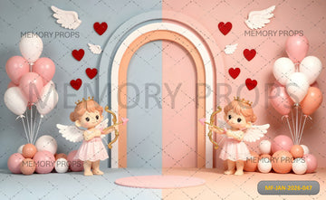 WHIMSICAL VALENTINE CUPID SET WITH PASTEL ARCHWAY, BALLOONS, AND WINGED ANGELS - PRINTED BACKDROP