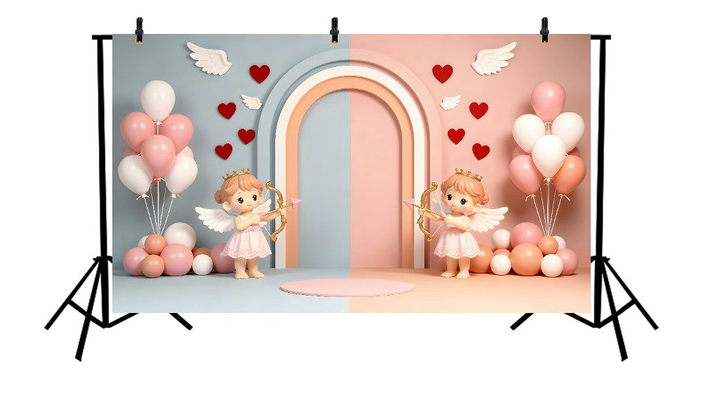 WHIMSICAL VALENTINE CUPID SET WITH PASTEL ARCHWAY, BALLOONS, AND WINGED ANGELS - PRINTED BACKDROP