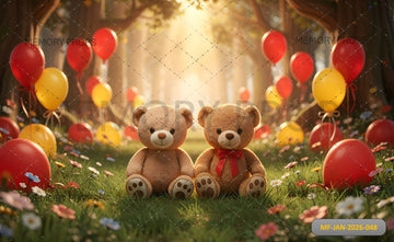 ENCHANTED FOREST TEDDY BEAR PICNIC WITH RED AND YELLOW BALLOONS - PRINTED BACKDROP