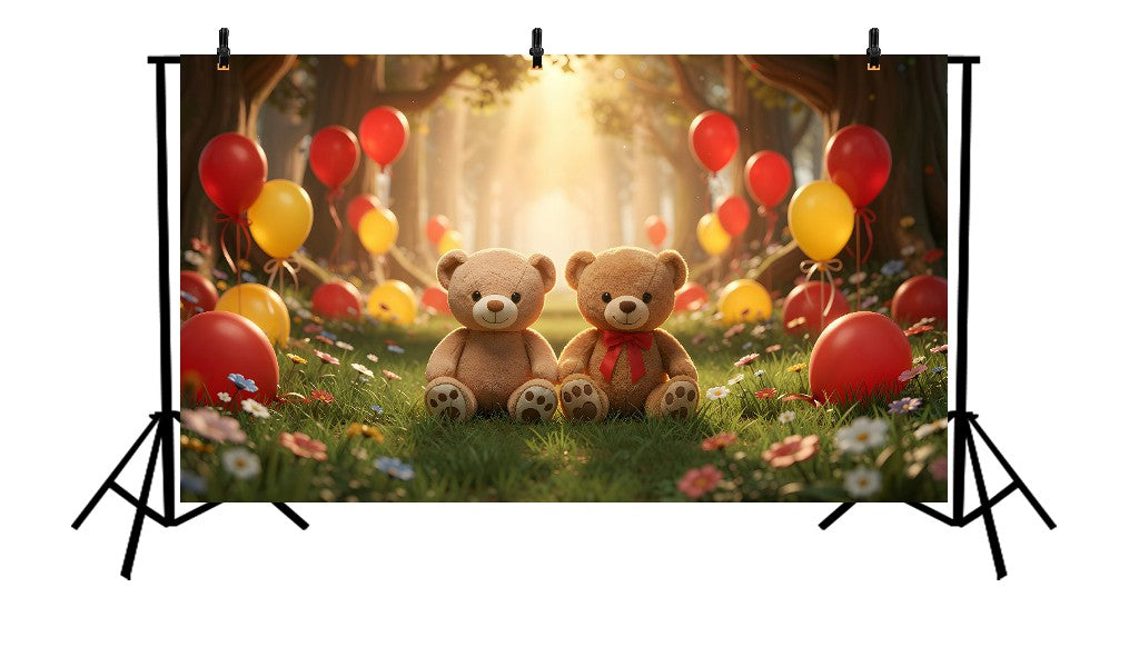 ENCHANTED FOREST TEDDY BEAR PICNIC WITH RED AND YELLOW BALLOONS - PRINTED BACKDROP
