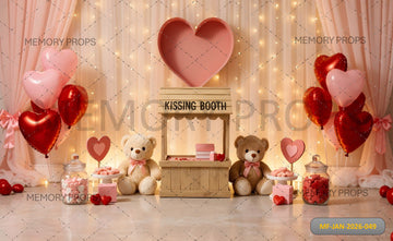 VALENTINE KISSING BOOTH WITH TEDDY BEARS, HEART BALLOONS, AND FAIRY LIGHT CURTAIN - PRINTED BACKDROP