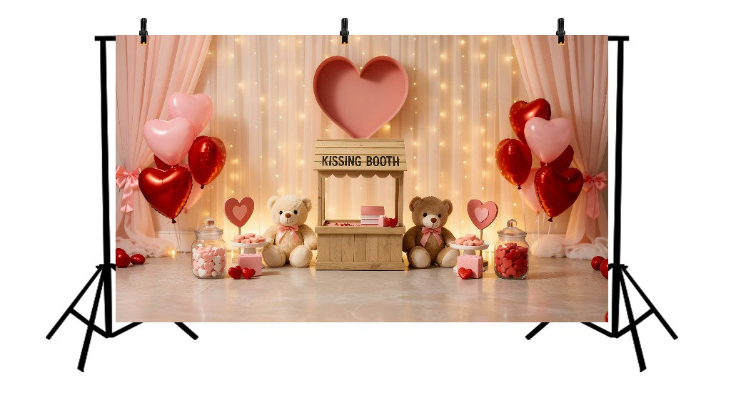VALENTINE KISSING BOOTH WITH TEDDY BEARS, HEART BALLOONS, AND FAIRY LIGHT CURTAIN - PRINTED BACKDROP