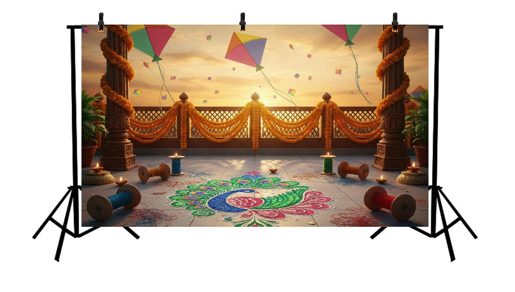 FESTIVE TERRACE WITH PEACOCK RANGOLI - PRINTED BACKDROP