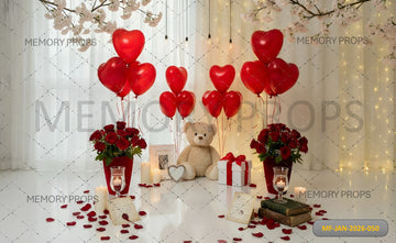 ROMANTIC VALENTINE TEDDY BEAR SET WITH RED HEART BALLOONS, ROSES, AND CHERRY BLOSSOMS - PRINTED BACKDROP