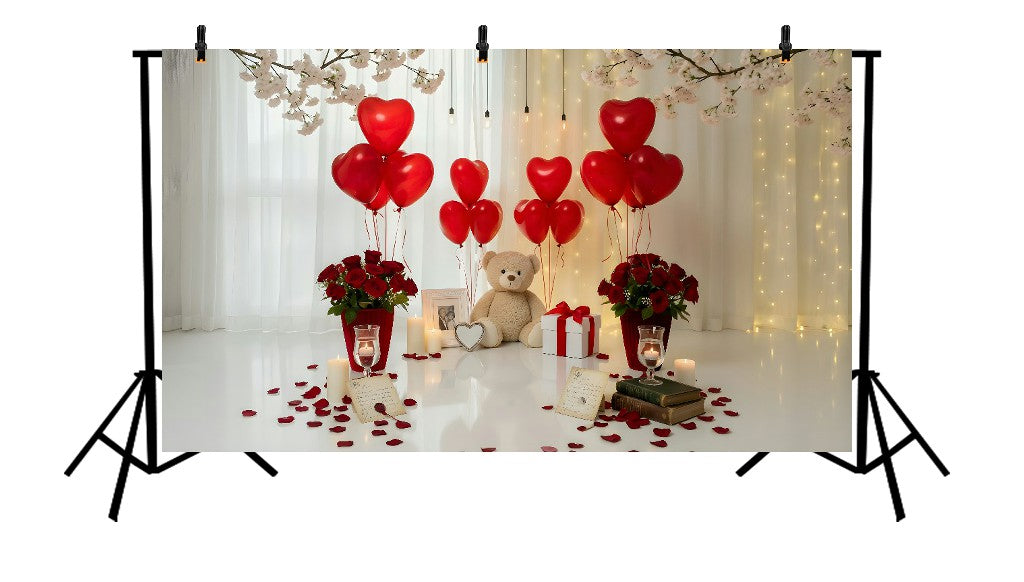 ROMANTIC VALENTINE TEDDY BEAR SET WITH RED HEART BALLOONS, ROSES, AND CHERRY BLOSSOMS - PRINTED BACKDROP