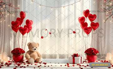 ROMANTIC VALENTINE SHEER CURTAIN SET WITH RED HEART BALLOONS, TEDDY BEAR, AND ROSE BOUQUETS - PRINTED BACKDROP