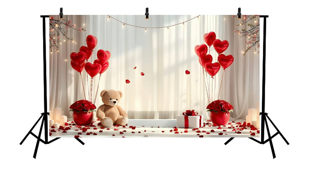 ROMANTIC VALENTINE SHEER CURTAIN SET WITH RED HEART BALLOONS, TEDDY BEAR, AND ROSE BOUQUETS - PRINTED BACKDROP