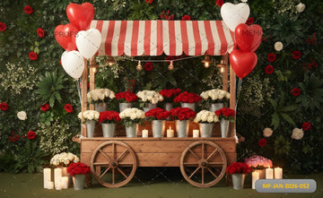 ROMANTIC VALENTINE FLOWER CART WITH RED AND WHITE ROSES, STRIPED AWNING, AND HEART BALLOONS - PRINTED BACKDROP
