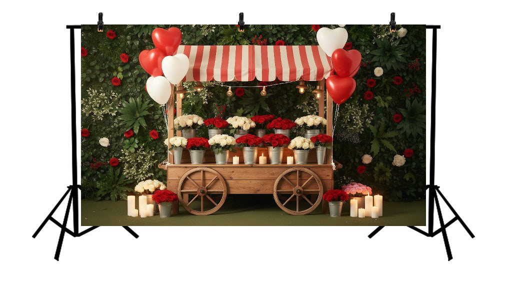 ROMANTIC VALENTINE FLOWER CART WITH RED AND WHITE ROSES, STRIPED AWNING, AND HEART BALLOONS - PRINTED BACKDROP