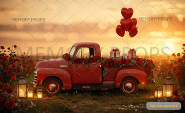 VINTAGE RED VALENTINE PICKUP TRUCK IN ROSE FIELD AT SUNSET - PRINTED BACKDROP