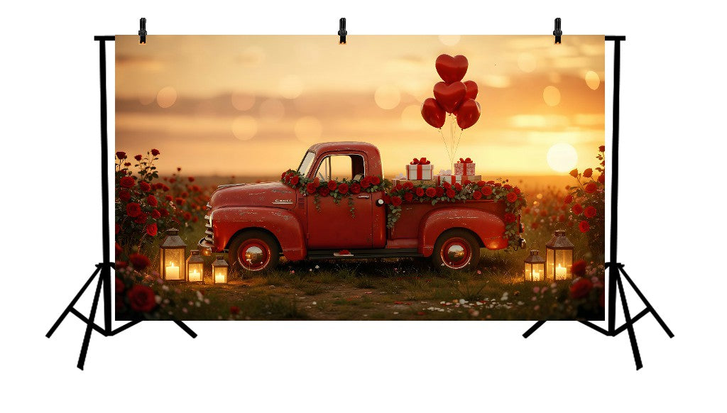 VINTAGE RED VALENTINE PICKUP TRUCK IN ROSE FIELD AT SUNSET - PRINTED BACKDROP