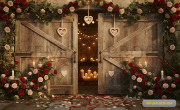 ROMANTIC VINTAGE BARN DOORS WITH RED ROSES, CANDLELIGHT, AND HANGING HEARTS - PRINTED BACKDROP