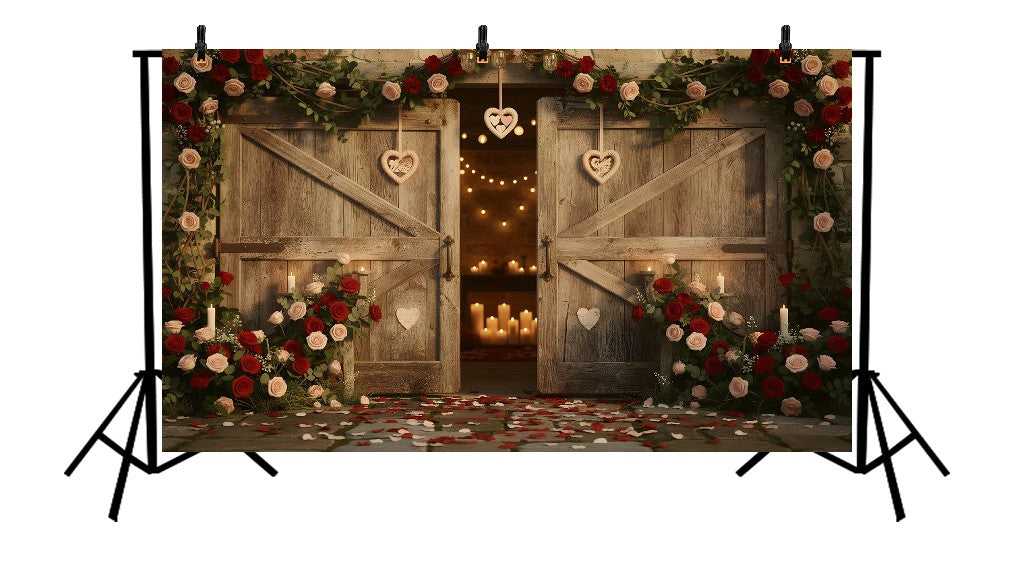 ROMANTIC VINTAGE BARN DOORS WITH RED ROSES, CANDLELIGHT, AND HANGING HEARTS - PRINTED BACKDROP