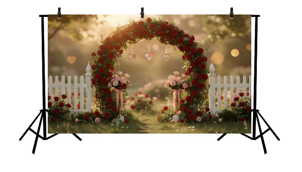 ENCHANTED GARDEN ROSE ARCHWAY WITH WHITE PICKET FENCE AND HANGING HEARTS - PRINTED BACKDROP