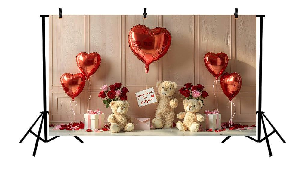 VALENTINE TEDDY BEAR FAMILY WITH RED HEART BALLOONS, ROSE BOUQUETS, AND LOVE NOTES - PRINTED BACKDROP