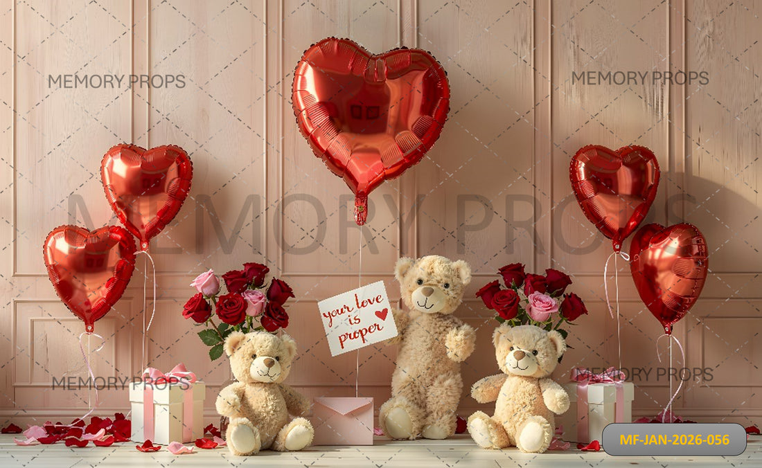 VALENTINE TEDDY BEAR FAMILY WITH RED HEART BALLOONS + EXTENDED FLOOR PATTERN PRINTED BACKDROP