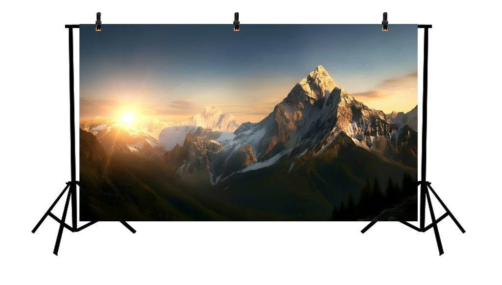 MAJESTIC SNOW-CAPPED MOUNTAIN PEAKS AT SUNRISE - PRINTED BACKDROP