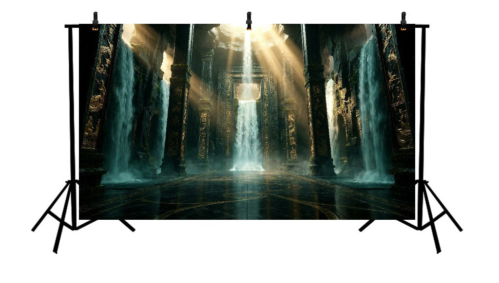 MYSTICAL ANCIENT TEMPLE WATERFALL HALL BACKDROP - PRINTED BACKDROP