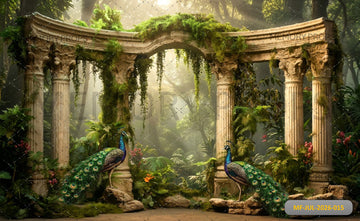 ENCHANTED PEACOCK GARDEN RUINS ARCHWAY BACKDROP - PRINTED BACKDROP