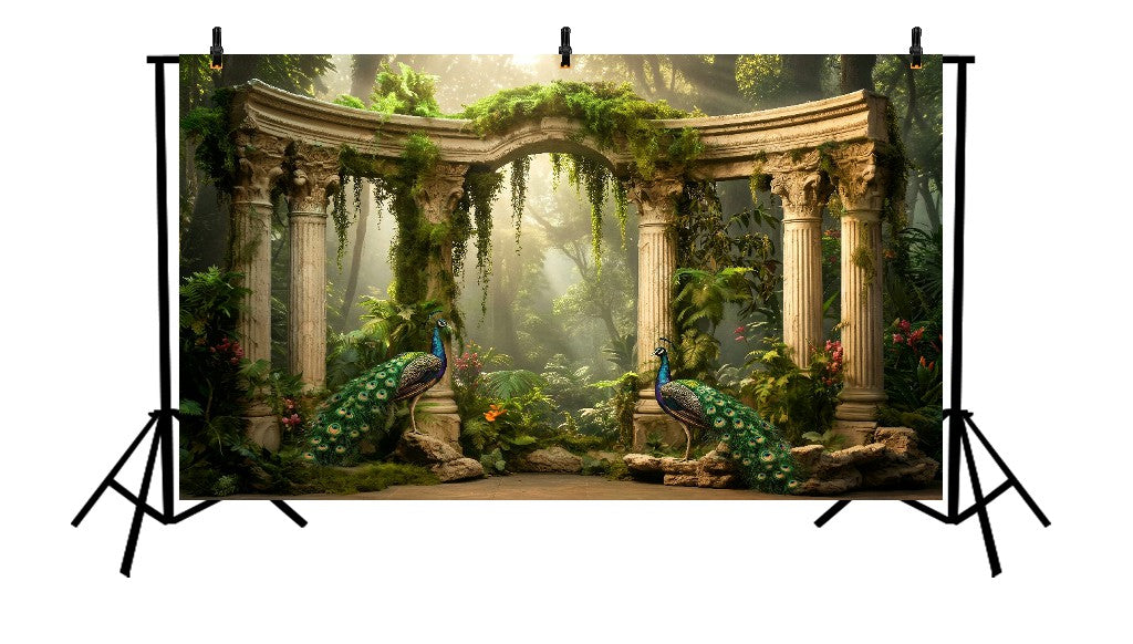 ENCHANTED PEACOCK GARDEN RUINS ARCHWAY BACKDROP - PRINTED BACKDROP