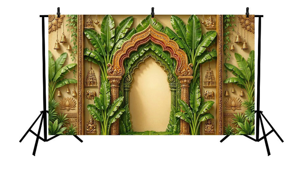 TROPICAL TEMPLE ARCH WITH BANANA LEAVES BACKDROP - PRINTED BACKDROP