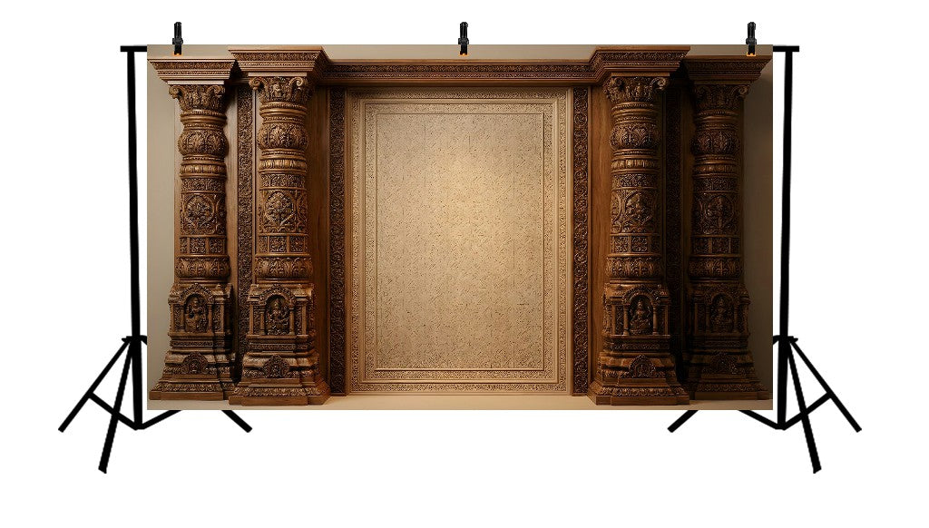 TRADITIONAL CARVED TEMPLE WOODEN PILLAR BACKDROP - PRINTED BACKDROP