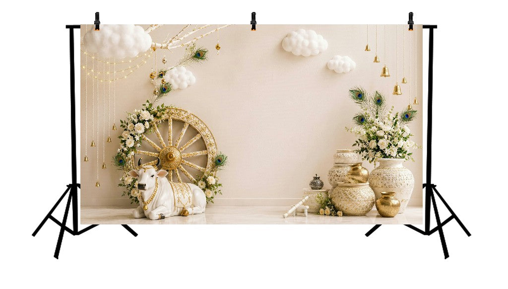 LUXURY WHITE FLORAL KRISHNA DECOR - PRINTED BACKDROP