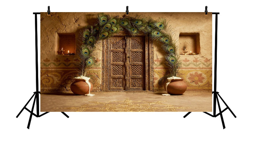 TRADITIONAL PEACOCK FEATHER FESTIVE DOOR - PRINTED BACKDROP