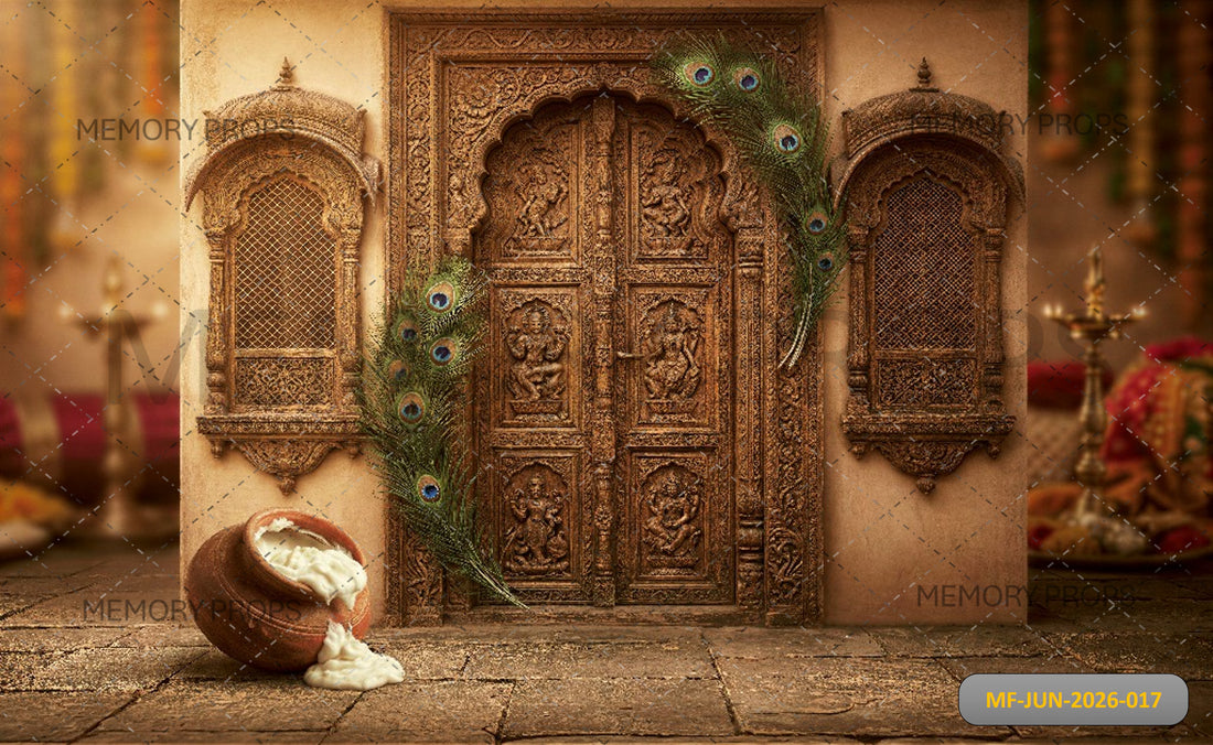 TRADITIONAL ROYAL JANMASHTAMI DOOR  MAKHAN MATKI + WITH FLOOR - PRINTED BACKDROP