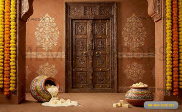 TRADITIONAL FESTIVE WOODEN DOOR MAKHAN MATKI - PRINTED BACKDROP