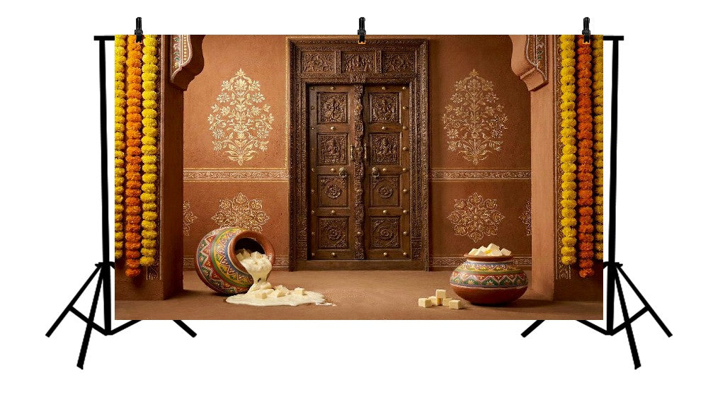 TRADITIONAL FESTIVE WOODEN DOOR MAKHAN MATKI - PRINTED BACKDROP