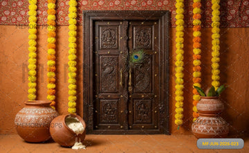 TRADITIONAL MARIGOLD WOODEN DOOR MAKHAN MATKI - PRINTED BACKDROP
