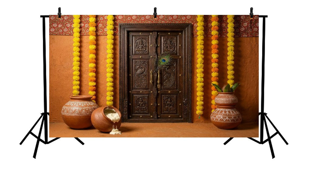 TRADITIONAL MARIGOLD WOODEN DOOR MAKHAN MATKI - PRINTED BACKDROP
