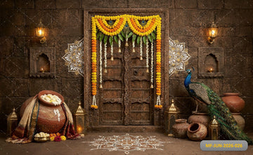 TRADITIONAL FESTIVE INDIAN DOORWAY PEACOCK - PRINTED BACKDROP
