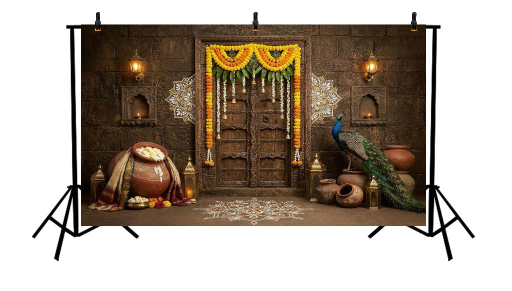 TRADITIONAL FESTIVE INDIAN DOORWAY PEACOCK - PRINTED BACKDROP