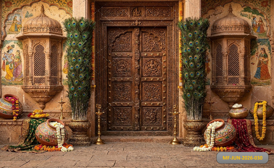 ROYAL RAJASTHANI HAVELI DOOR & PEACOCK MATKI FESTIVE + WITH FLOOR - PRINTED BACKDROP