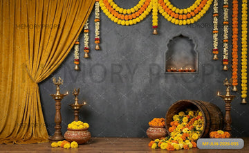 TRADITIONAL FESTIVE MARIGOLD GREY WALL - PRINTED BACKDROP