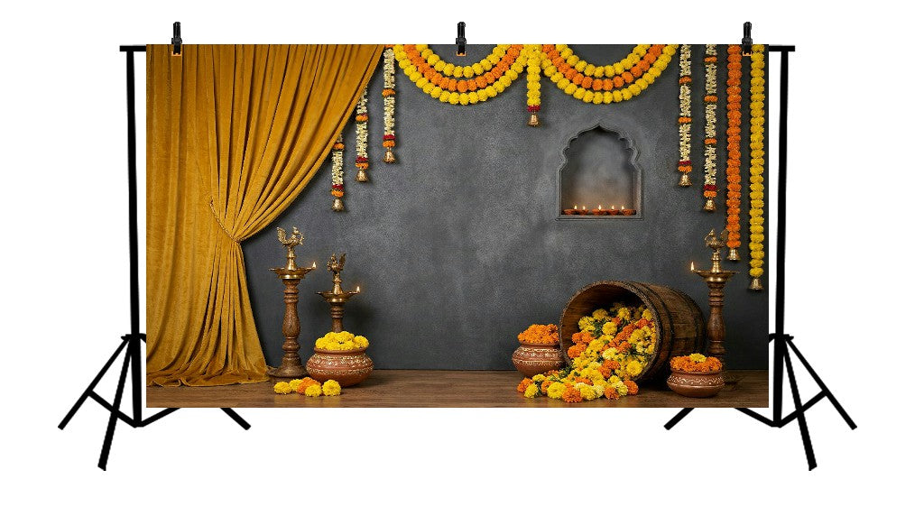 TRADITIONAL FESTIVE MARIGOLD GREY WALL - PRINTED BACKDROP