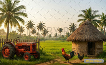 RUSTIC INDIAN VILLAGE FARM TRACTOR - PRINTED BACKDROP