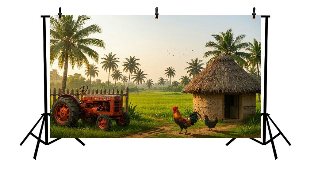 RUSTIC INDIAN VILLAGE FARM TRACTOR - PRINTED BACKDROP