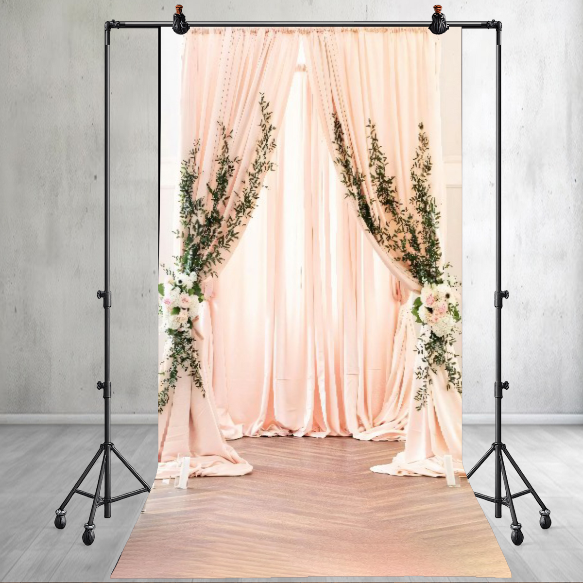 Light Peach Curtain With Flowers Printed Backdrop