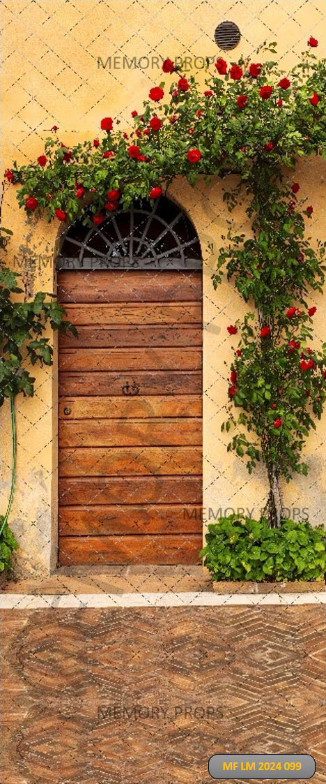 Rustic Wooden Door with Red Roses Printed Backdrops
