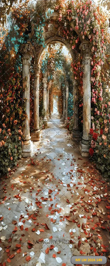 SUMMER FINE ART COLOURFUL FLOWER VINTAGE STONE COLUMN ARCH ROAD - PRINTED BACKDROP
